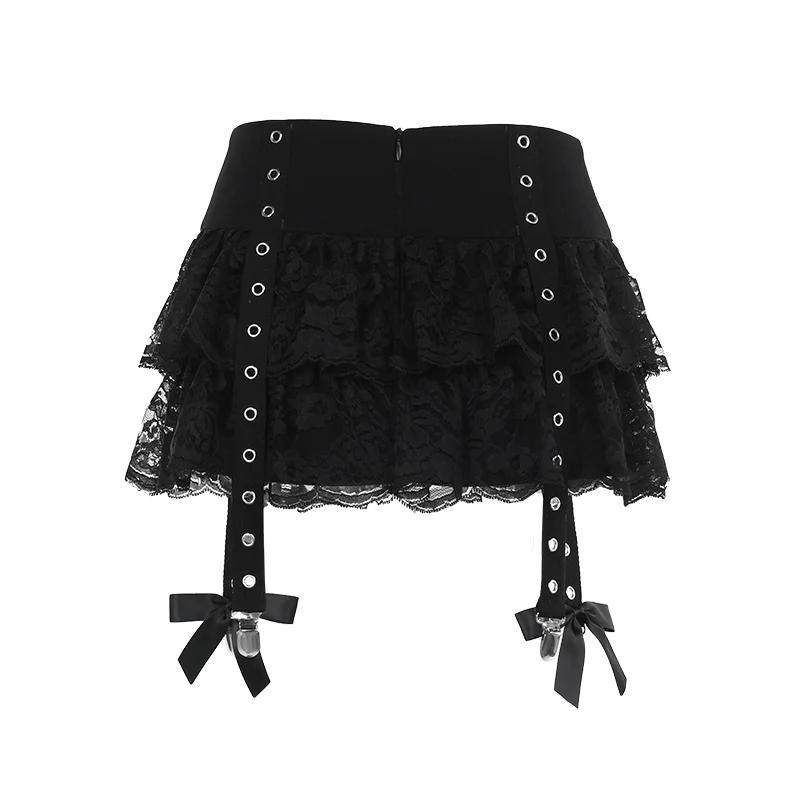 Gothic Alt Grommet Straps Ruffle Lace Mini Skirt