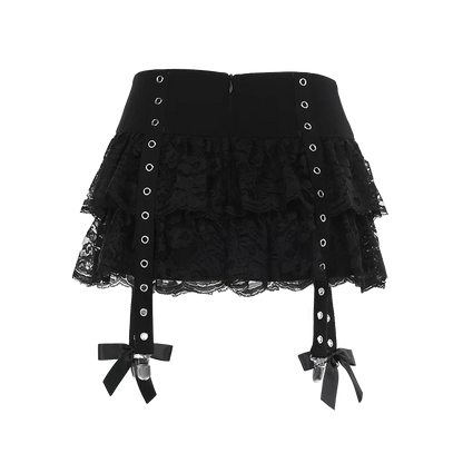 Gothic Alt Grommet Straps Ruffle Lace Mini Skirt