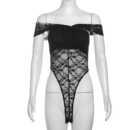 Gothic Alt Goth Off Shoulder Lace Mesh Bodysuit Top