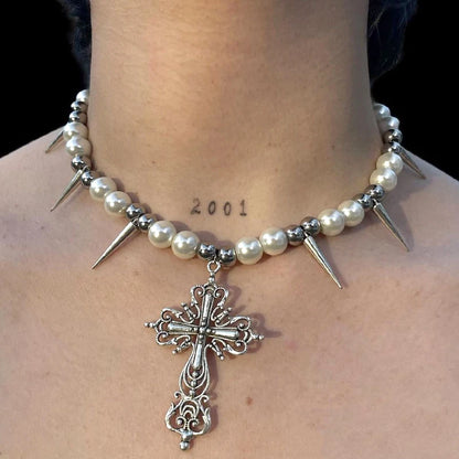 Gothic Pearl Spikes Cross Pendant Choker Necklace