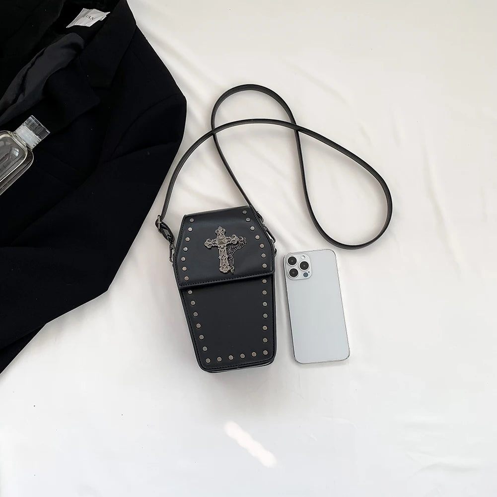 Gothic Cross Coffin Shaped PU Leather Crossbody Bag