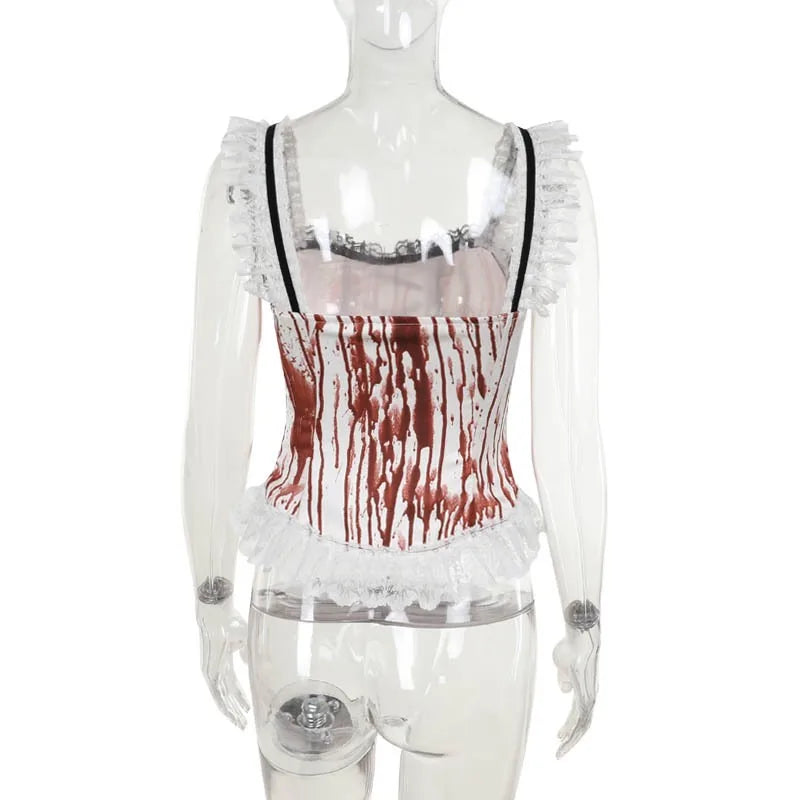 Gothic Alt Goth Halloween Blood Red Print Lace Patchwork Tank Top