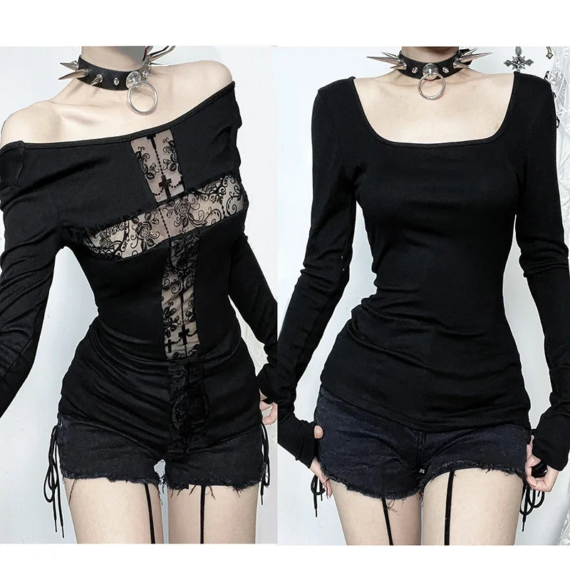 Gothic Alt Goth Cross Lace Patchwork Long Sleeve Top