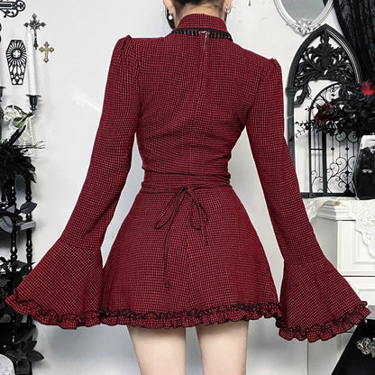 Gothic Alt Goth Red Plaid Flare Sleeve Collared Shirt Dress