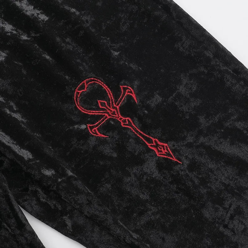 Gothic Alt Goth Ankh Cross Velvet Flare Pants