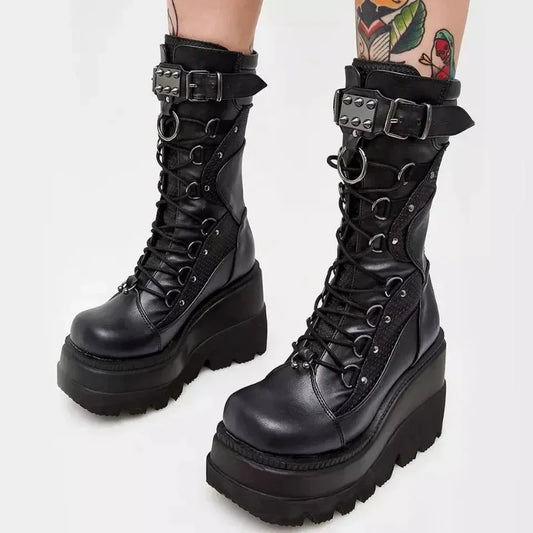 Gothic Alt Goth O-Ring Spiked Buckle Mid-calf Platform Boots