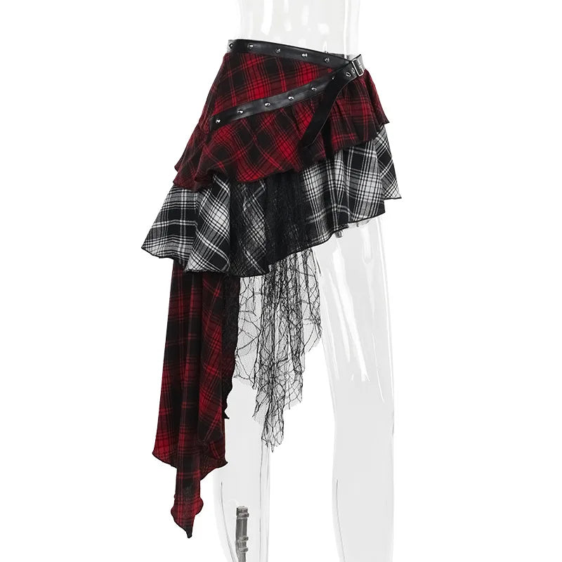 Alt Gothic Grunge Irregular Hem Layered Plaid Mini Skirt