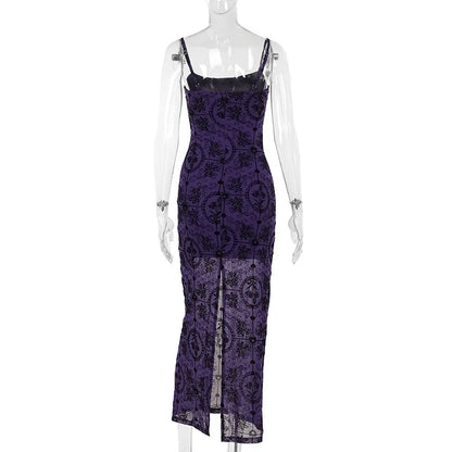 Gothic Alt Y2K Purple Sling Strap Sheer Maxi Dress