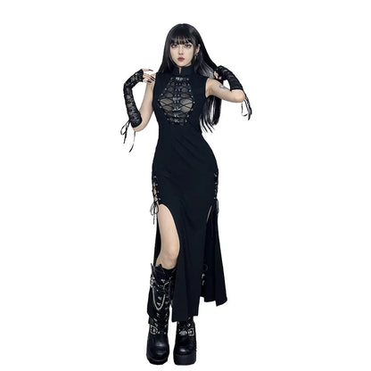 Alt Gothic Sheer Lace Up Side Slit Turtle Neck Long Dress