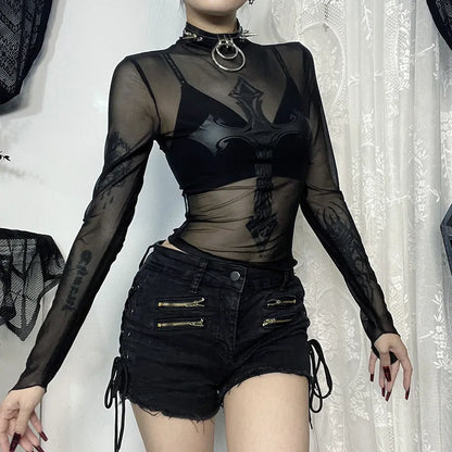 Gothic Alt Goth Cross Mesh Top