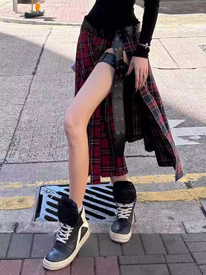 Gothic Grunge 90s Y2K Red Plaid A-Line Side Slit Skirt