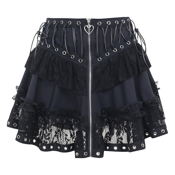 Gothic Lace Patchwork Grommet Zip Up Mini Skirt