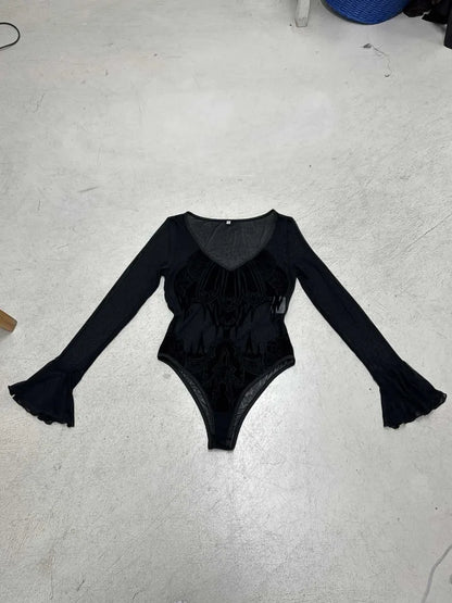 Gothic Y2K Alt Goth Cathedral Print See Through Mesh Flare Cuffs Bodysuit Top