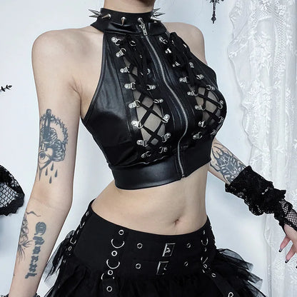 Alt Gothic Lace Up Zip Up Crop Tank Top Vest