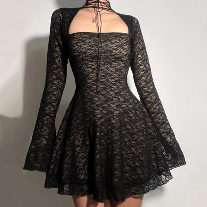 Gothic Alt Goth Square Collar Lace Mini Dress