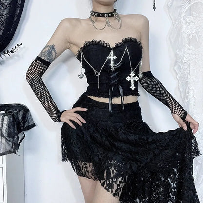 Gothic Cross Chain Lace Corset Style Top