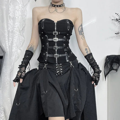 Gothic Faux Leather Buckle Strapless Corset Top