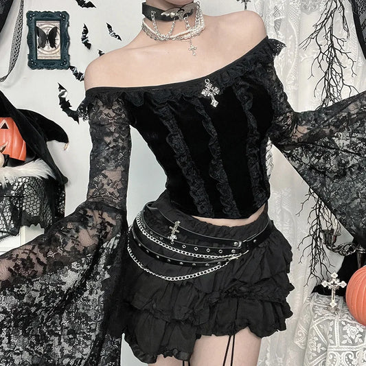 Gothic Romantic Goth Off Shoulder Bell Sleeve Lace Patchwork Top