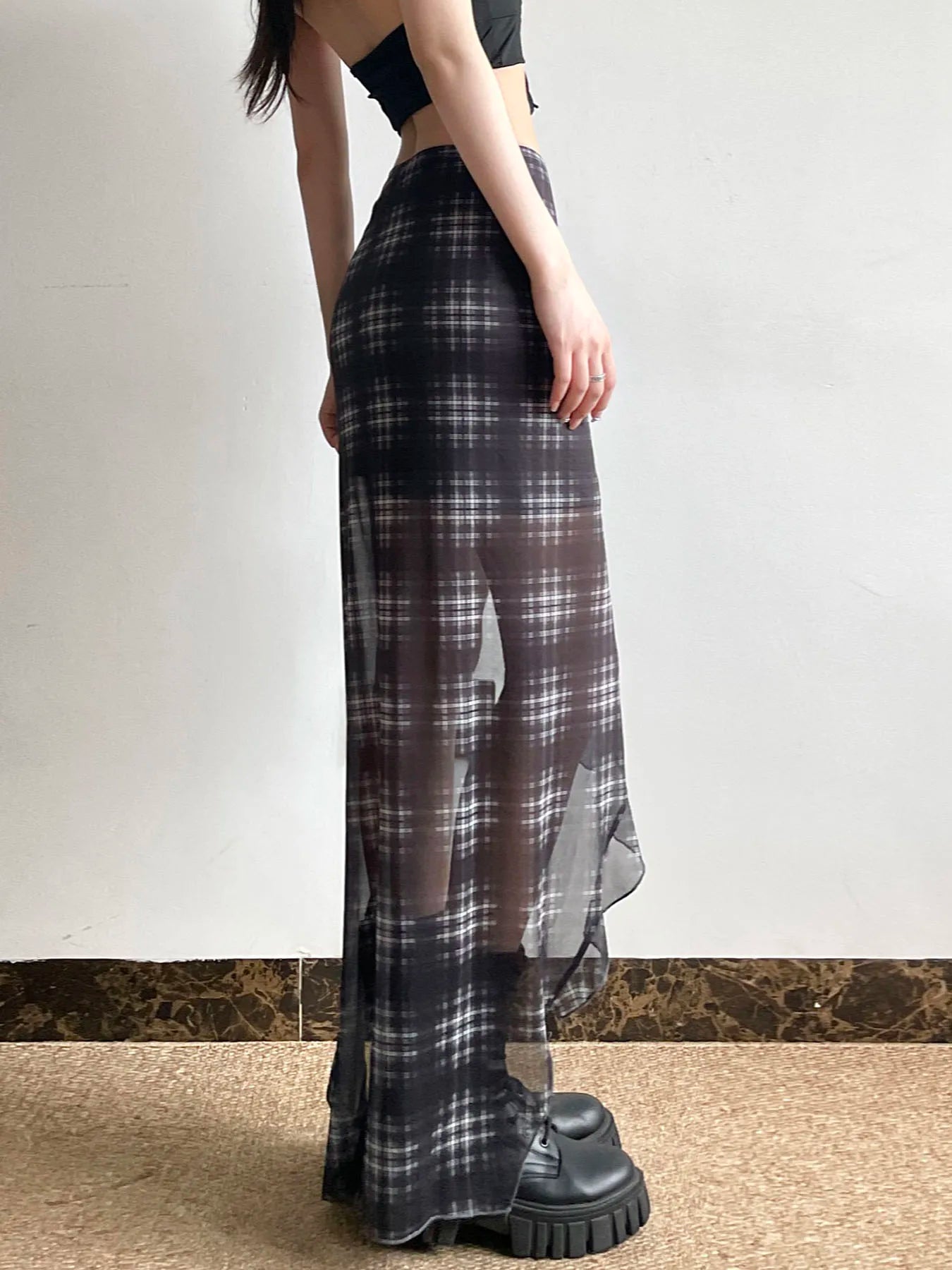 Alt Gothic Y2K Plaid Ruffles See Through Slit Skirt