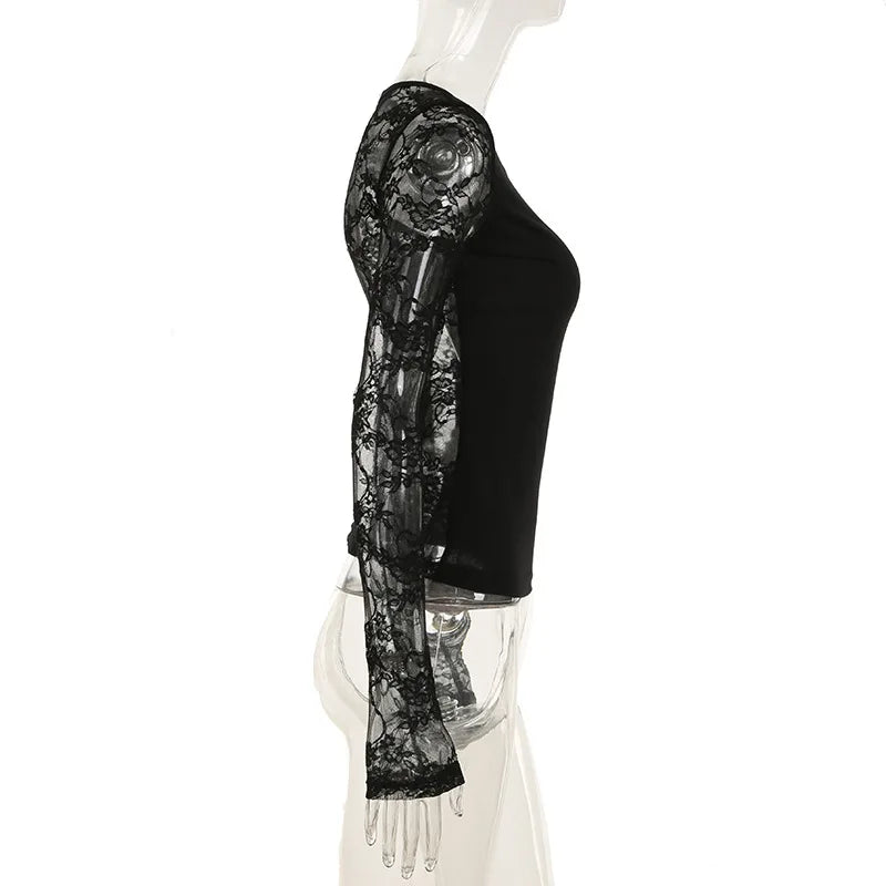 Gothic Alt Goth Lace Sleeves Sheer Back Shirt Top