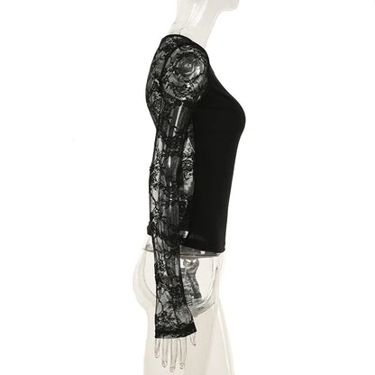 Gothic Alt Goth Lace Sleeves Sheer Back Shirt Top