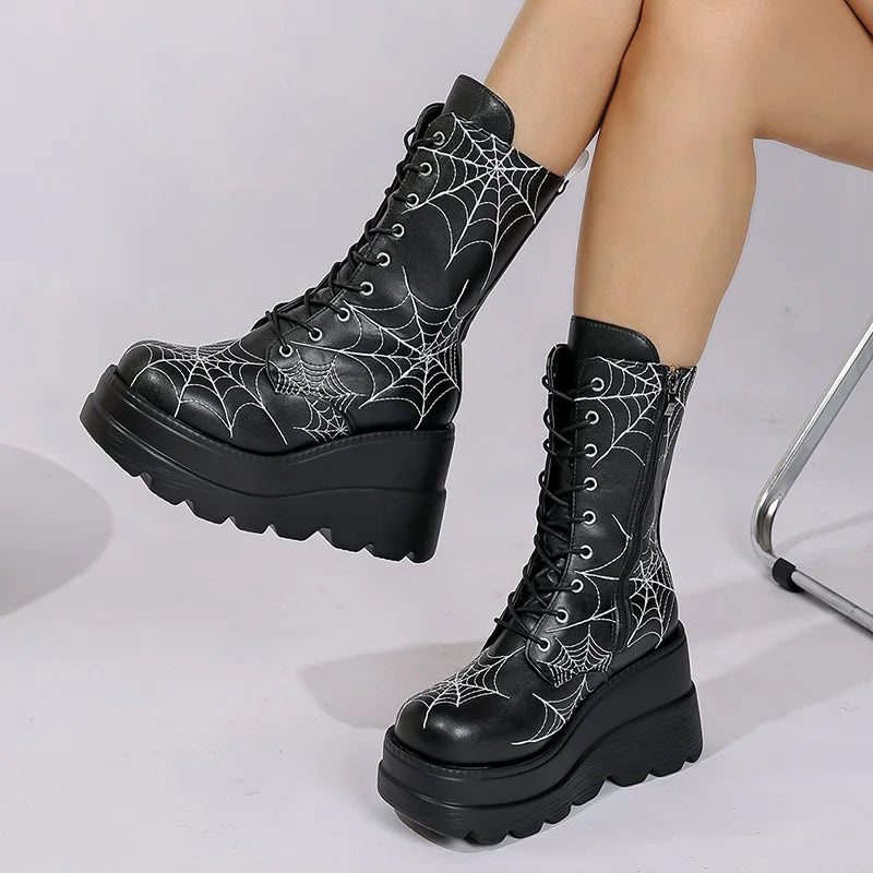 Gothic Alt Goth Halloween Spider Web Chunky Platform Mid Calf Boots