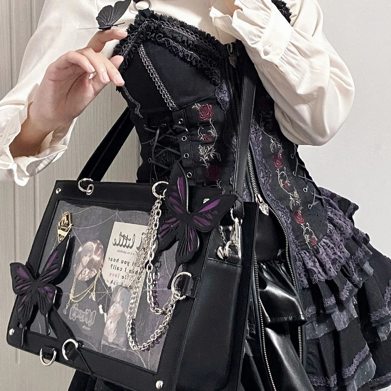 Gothic Y2K Alt Goth Butterfly Spider Web Letter Chain Handbag Lolita Shoulder Bag (available in 6 colors)