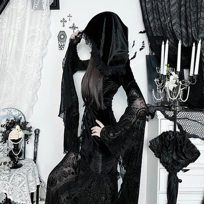 Gothic Romantic Goth Flocking Lace Batwing Sleeve Hooded Long Dress