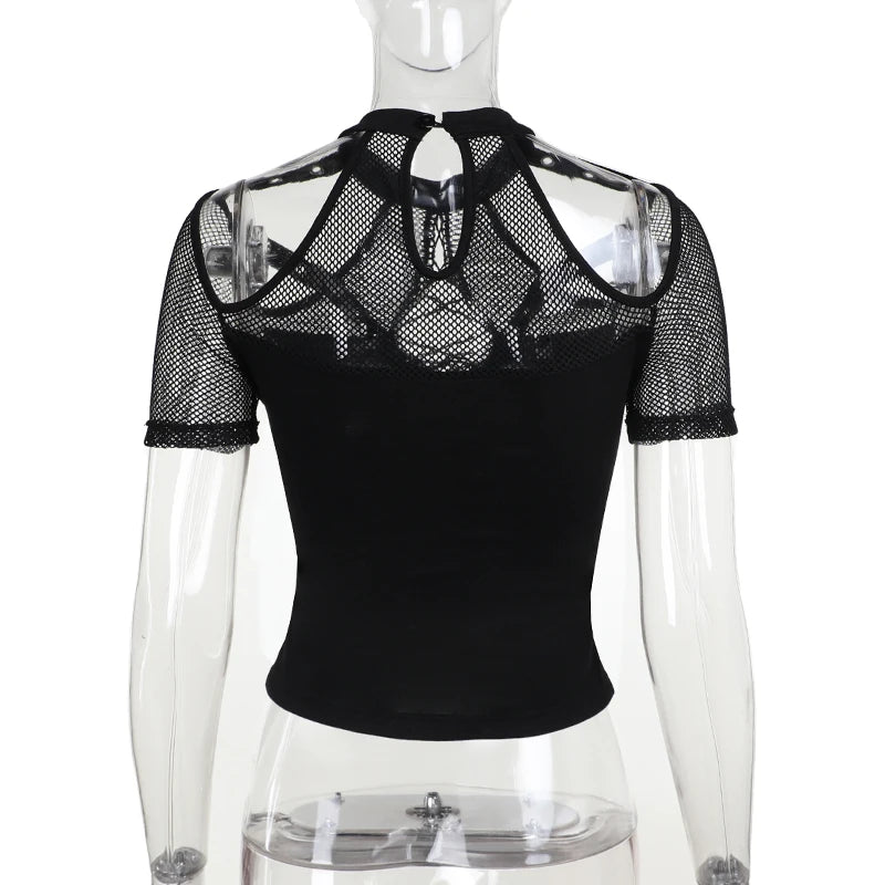 Gothic Fishnet Grommet Cut Out Short Sleeve Top