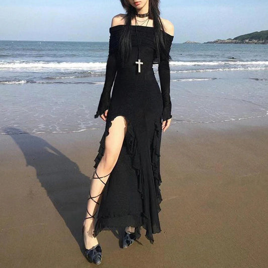 Gothic Romantic Goth Off Shoulder Ruffle Slit Long Sleeve Bodycon Long Dress