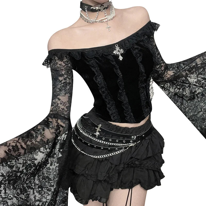 Gothic Romantic Goth Off Shoulder Bell Sleeve Lace Patchwork Top