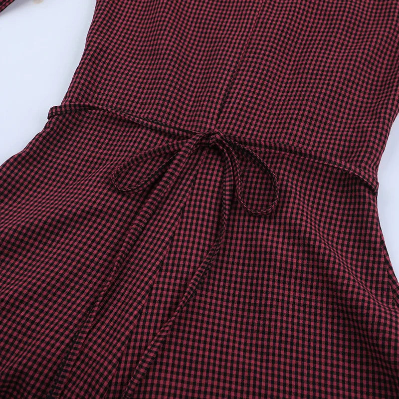 Gothic Alt Goth Red Plaid Flare Sleeve Collared Shirt Dress