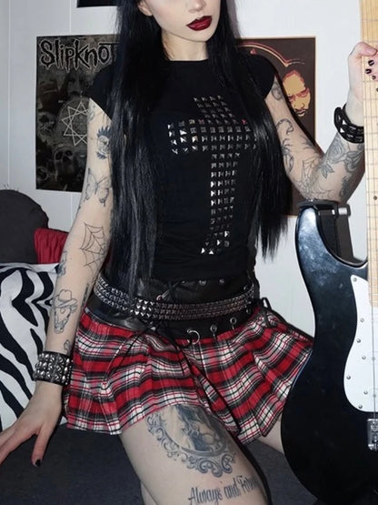 Gothic Alt Goth Y2k Cross Studs Short Sleeve Shirt Top