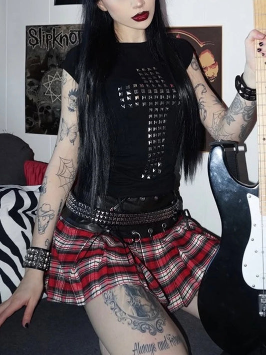 Gothic Alt Goth Y2k Cross Studs Short Sleeve Shirt Top