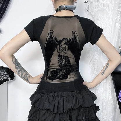 Gothic Y2K 90s Goth Dark Angel Sheer Back Shirt Top