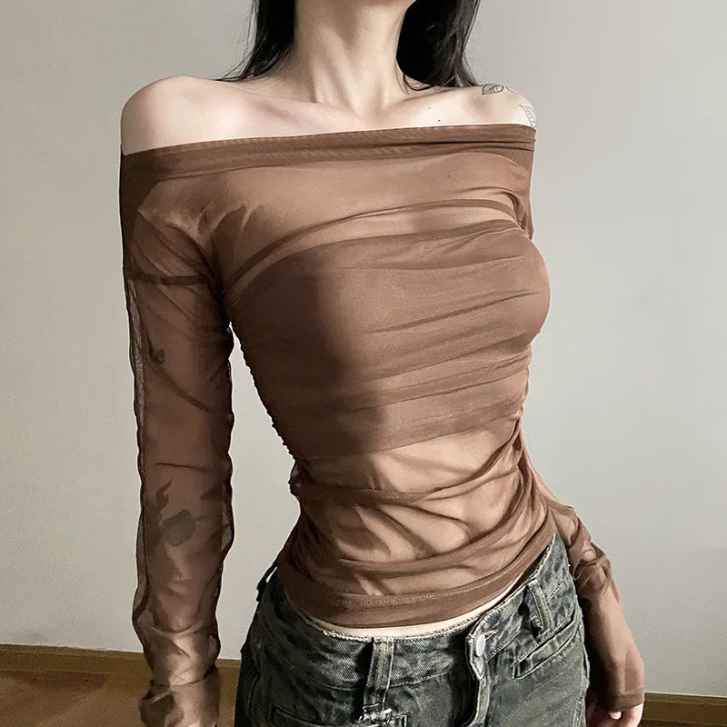 Gothic Alt Goth Off Shoulder Sheer Mesh Long Sleeve and Inner Tube Top Set