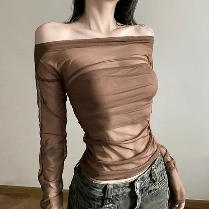 Gothic Alt Goth Off Shoulder Sheer Mesh Long Sleeve and Inner Tube Top Set