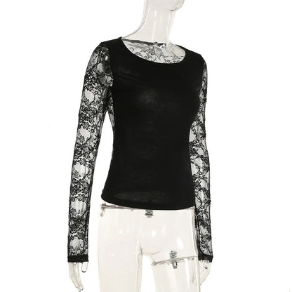 Gothic Alt Goth Lace Sleeves Sheer Back Shirt Top