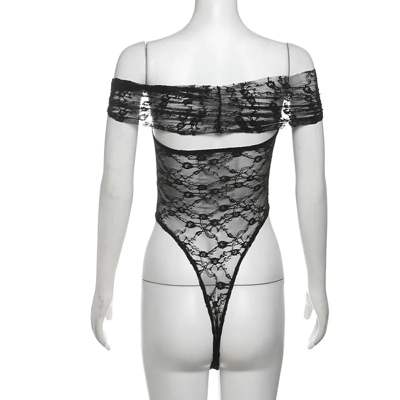 Gothic Alt Goth Off Shoulder Lace Mesh Bodysuit Top