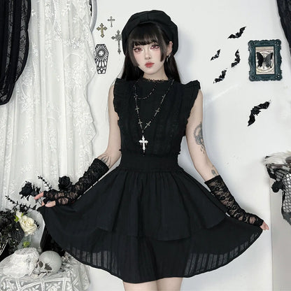 Gothic Corporate Goth Lace Patchwork High Waist Mini Dress