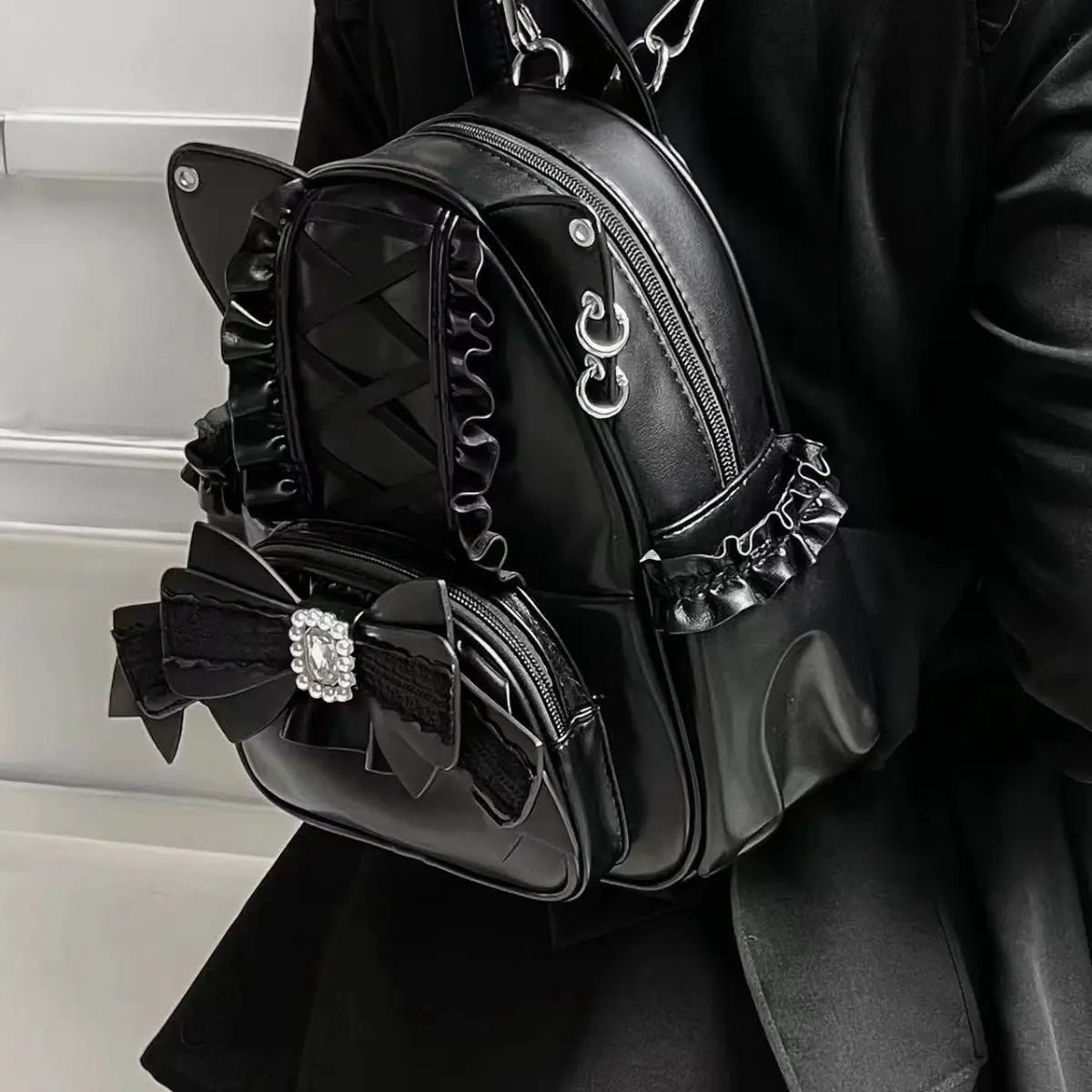 Gothic Y2K Harajuku Lolita Lace Bow Cat Ear PU Leather Backpack Bag (available in 3 colors)