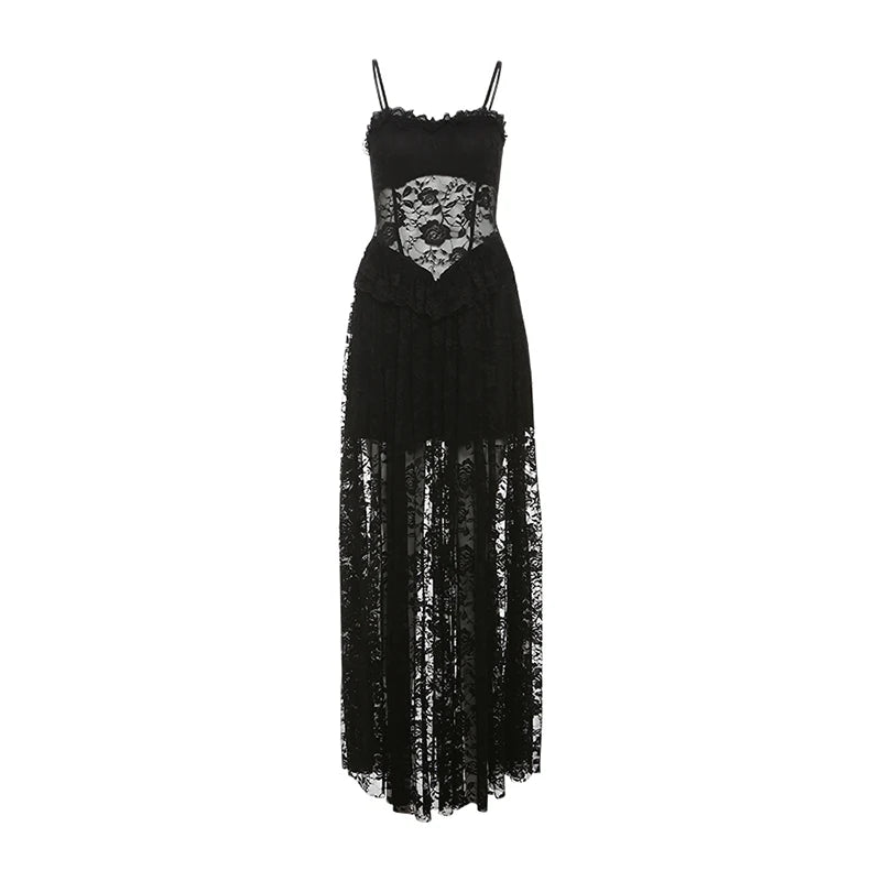 Gothic Lace Jacquard Patchwork Summer Spaghetti Strap Long Dress
