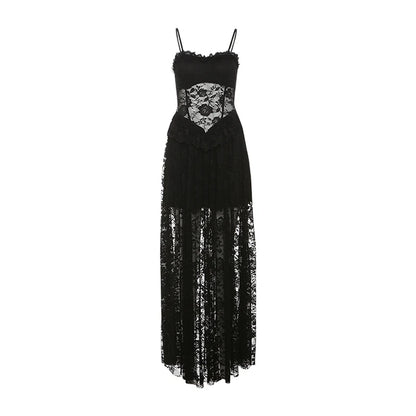 Gothic Lace Jacquard Patchwork Summer Spaghetti Strap Long Dress