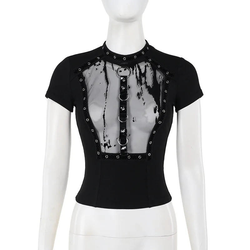 Gothic 90s Goth Mesh Grommet Patchwork See Through Short Sleeve Gothic 90s Goth Mesh Grommet Patchwork See Through Short Sleeve
