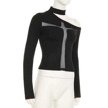 Gothic Alt Goth Cross Sheer Hollow Out Mesh Long Sleeve Top