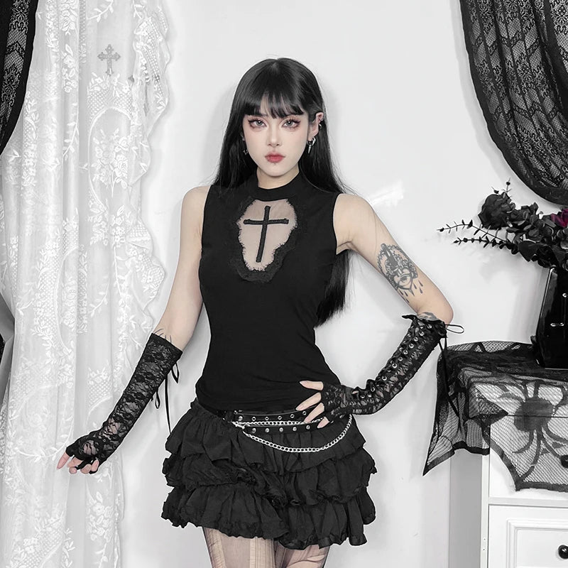 Gothic Coffin Shaped Sheer Cross Patchwork Sleeveless Top