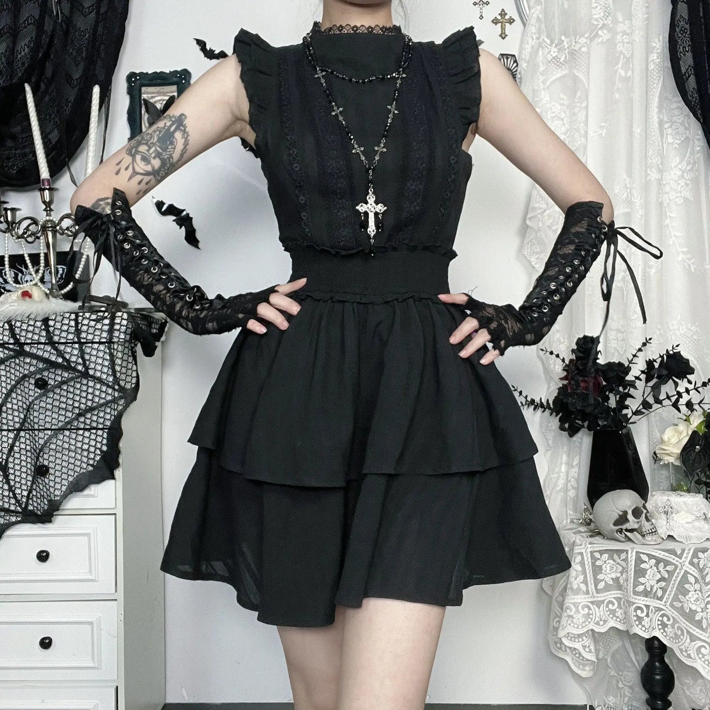 Gothic Corporate Goth Lace Patchwork High Waist Mini Dress