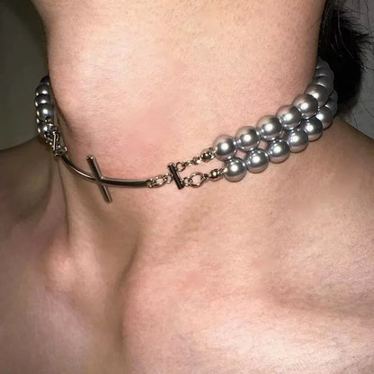Gothic Y2K Pearl Cross Charm Choker Necklace
