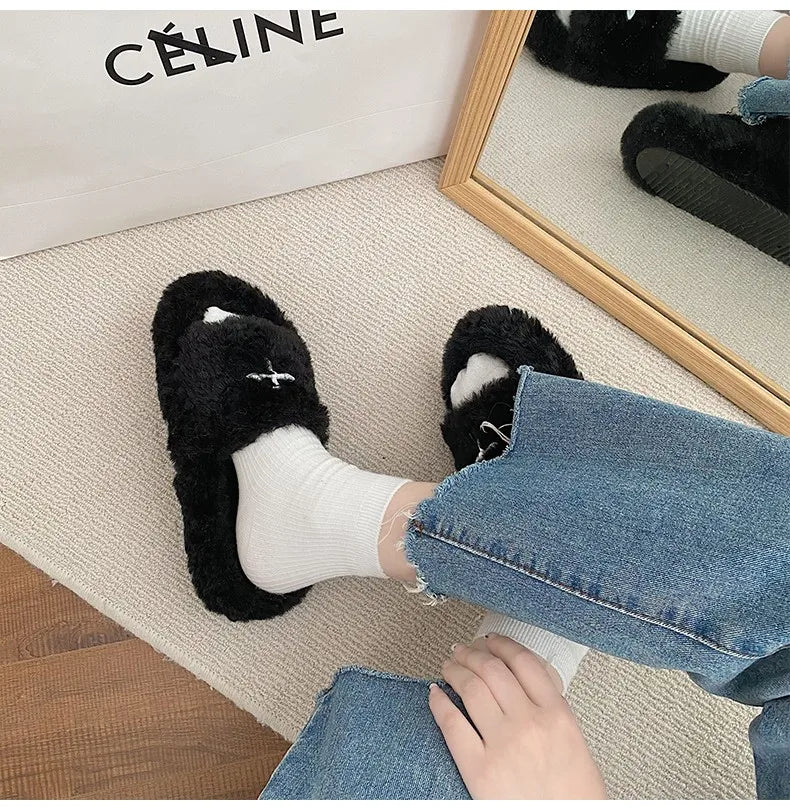 Y2K Cybergoth Faux Fur Slip On Furry Slides Slippers