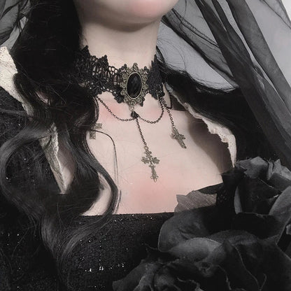 Gothic Victorian Goth Adjustable Lace Cross Choker Necklace